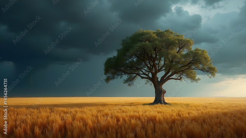 Fototapeta premium Lone Tree Standing in a Golden Field Under a Dramatic Stormy Sky Landscape Scenery 