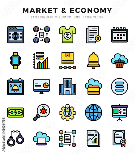 Market & Economy Icons Pack Lineal Color Style. Vector illustration.