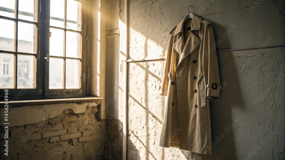 Obraz premium Beige Trench Coat in Sunlit Room Composition, Photography, Fashion, Style, Sunbeams Keywords Trench Coat, Fashion Photography