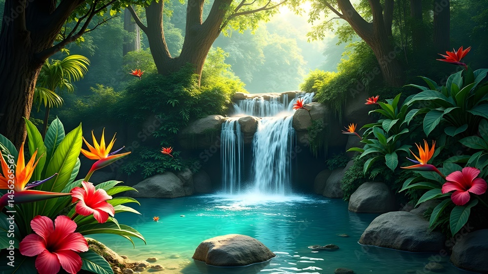 Fototapeta premium Breathtaking tropical landscape featuring vibrant exotic flowers surrounding a tranquil waterfall.