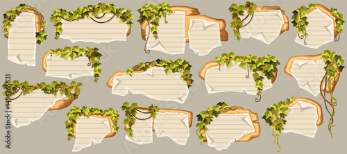 Wooden brown boards with school page in line, ragged graph paper. Set 3d vector blank invitations, maps decorated stems hedera helix, ivy, liana, grapes, vine,  jungle plants.
