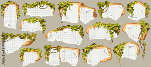 Wooden brown boards with ragged square graph paper, school math sheet. Set 3d vector blank invitations, maps decorated stems hedera helix, ivy, liana, grapes, vine,  jungle plants.