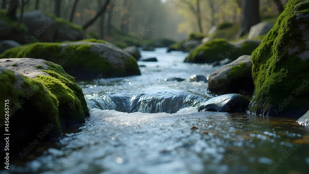 Tranquil River Flowing Over Mossy Rocks in Forest Landscape Tranquil River Flowing Over Mossy Rocks in Forest Landscape