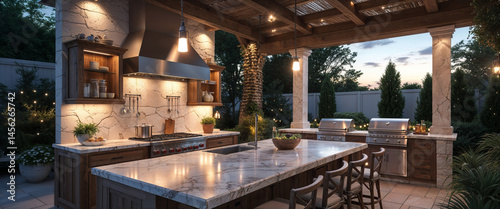 Luxurious outdoor kitchen with modern appliances and stylish granite countertops