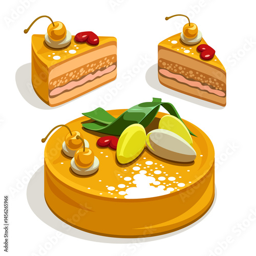 The spring cake and its pieces isolated on a white background. Cartoon style. The birthday symbol. 
