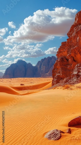A desert landscape with orange sand dunes, red cliffs, and a blue sky evokes the vast and arid nature of Wadi Rum.
