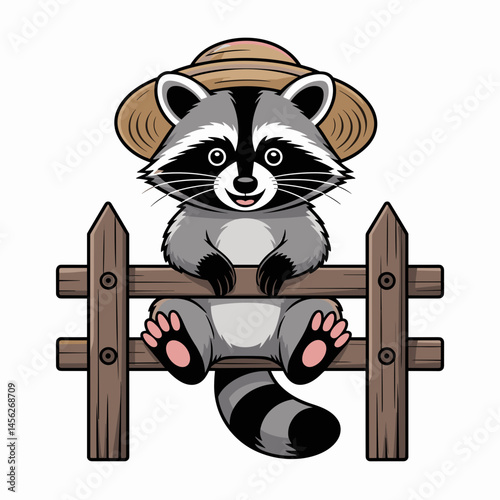 Cute Raccoon with Straw Hat Sitting on Wooden Fence
