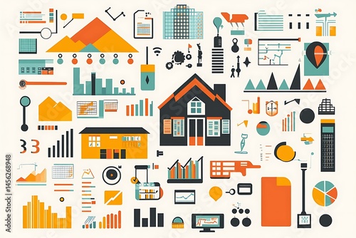 Collection of diverse graphic icons representing various business and financial elements