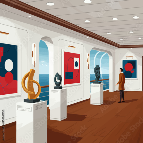Viewing Art Exhibition on Cruise Ship with Ocean Views and Sculptures