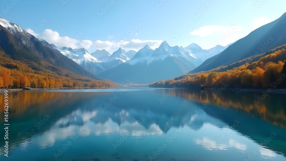 Fototapeta premium Scenic Autumn Landscape with Mountain Range, Lake Reflection and Fall Foliage