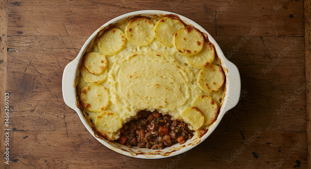 Rustic Shepherd's Pie: Golden Potato Topped Comfort Food On Aged Wooden Surface Rustic Shepherd's Pie: Golden Potato Topped Comfort Food On Aged Wooden Surface