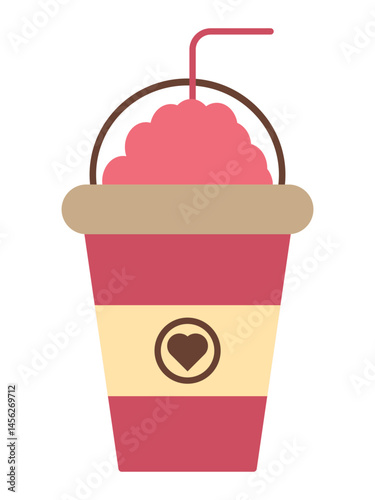 Frappe cream icon. Plastic cup on heart symbol with lid and straw. Flat illustration of frappe vector, icon for web design. Cold drink icon, vector illustration.