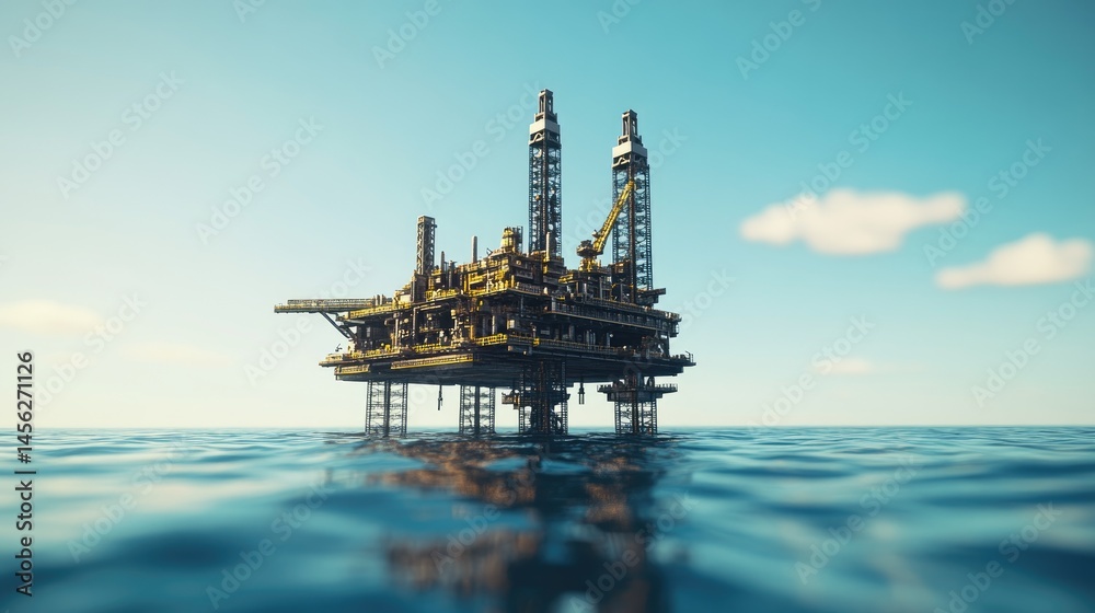 Offshore oil drilling platform surrounded by open ocean under blue sky, highlighting extraction infrastructure Offshore oil drilling platform surrounded by open ocean under blue sky, highlighting extraction infrastructure