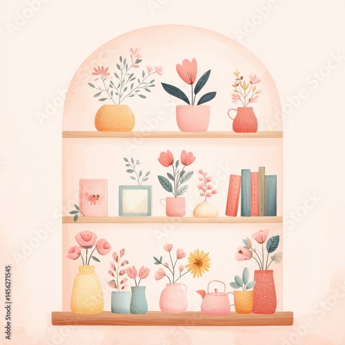 Charming pastel shelf arrangement with colorful vases, flowers, books, and decorative elements in a soft aesthetic style for home decor inspiration