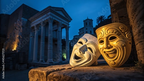 Comedy and Tragedy Masks at Roman Theatre Night Photography, Ancient Greek Theater, Masks, Performance Art Ancient Greek Theater, Roman Architecture
