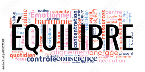 Nuage de mots centré sur "Équilibre", incluant des termes liés à l’harmonie, la sérénité, la santé mentale, et le bien-être. Idéal pour le développement personnel et la pleine conscience