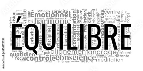Nuage de mots centré sur "Équilibre", incluant des termes liés à l’harmonie, la sérénité, la santé mentale, et le bien-être. Idéal pour le développement personnel et la pleine conscience