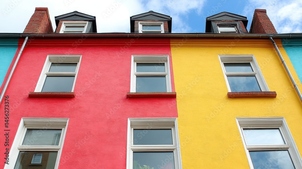 Fototapeta premium Vibrant facades of row houses showing creative urban living and colorful residential architecture promoting positive neighbourhood vibes