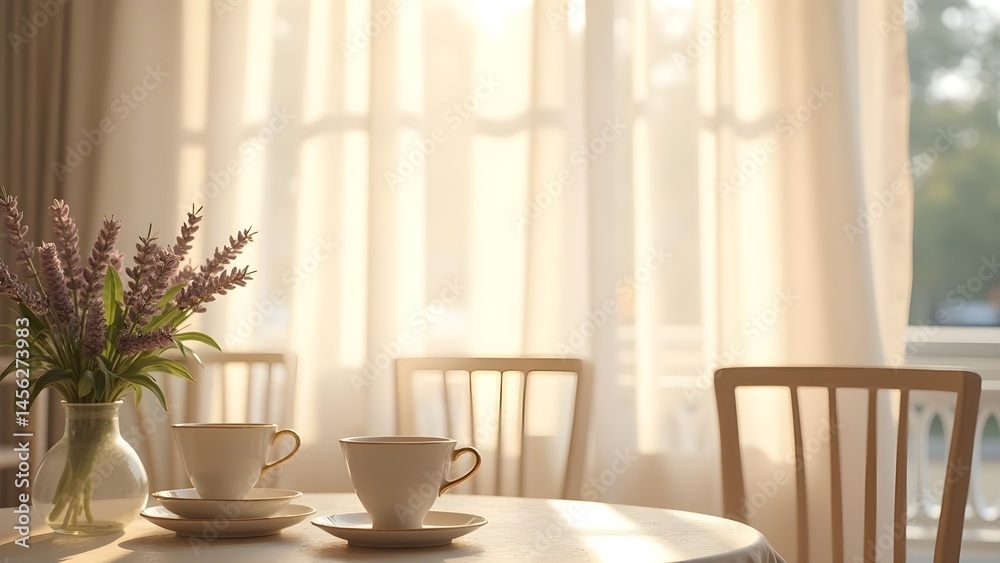 Fototapeta premium Elegant teatime setting with lavender bouquet in sunlit room, cozy furniture, a peaceful, and decorative arrangement
