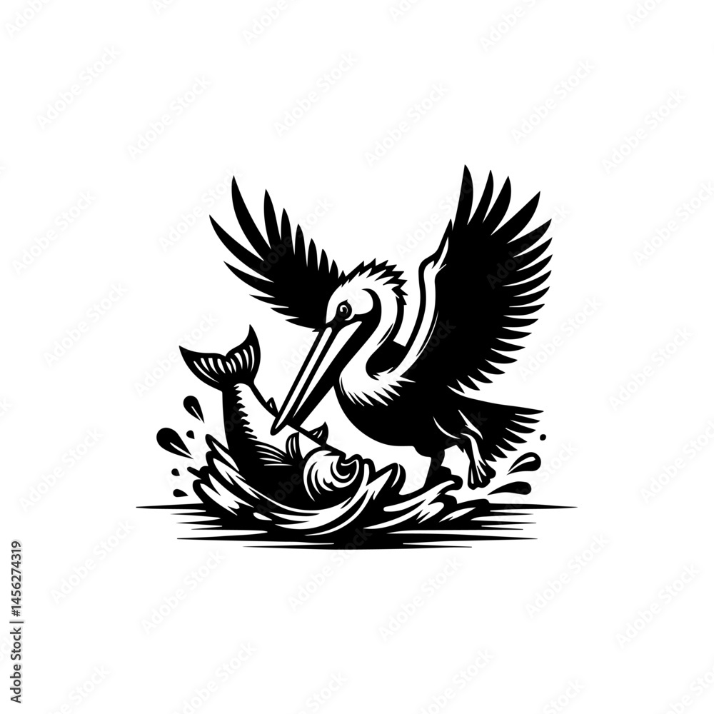 Fototapeta premium Illustrated pelican catching fish in black and white with dynamic water splashes, wild bird hunting moment