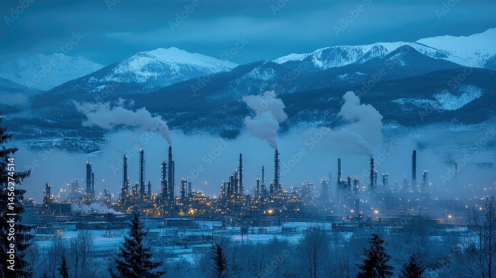 Fototapeta premium Overview of refinery processing units and vapor towers framed by mountain backdrop