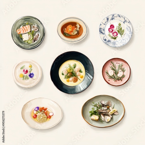 Collection of Artistic Dishes Featuring Seafood, Vegetables, and Sauces on Elegant Plates for Culinary Photography Showcase
