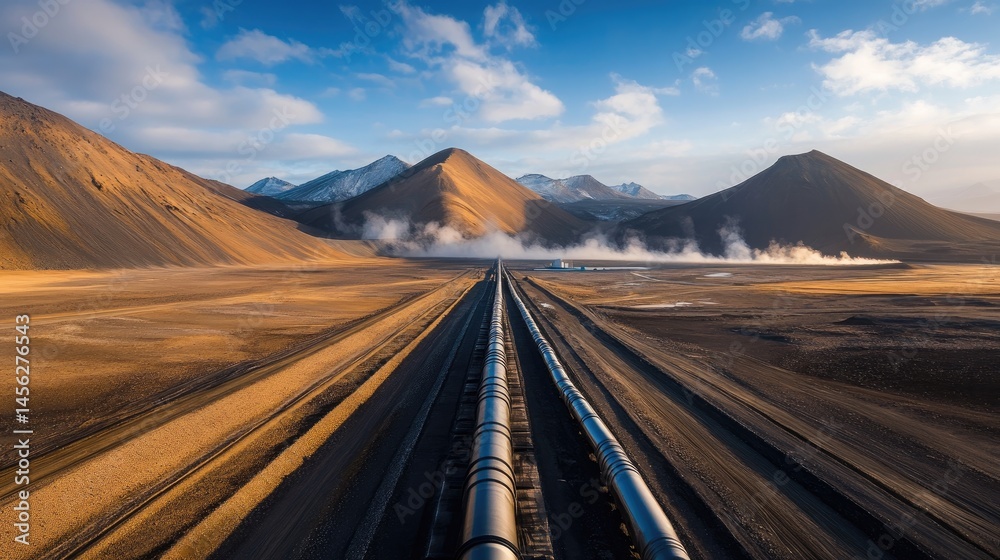 Obraz premium Shaded geothermal field with visible pipes transferring underground steam to plant