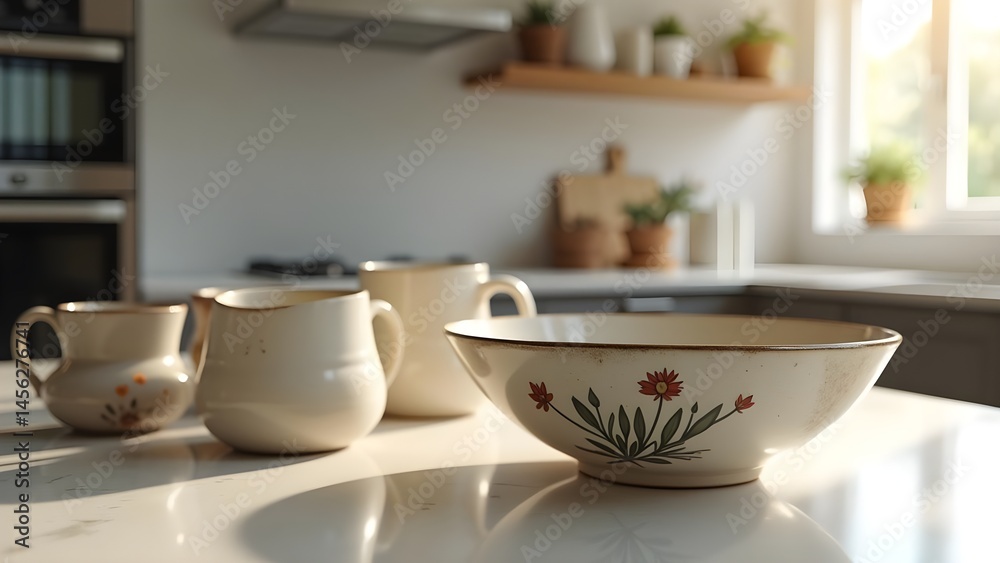 Still life of rustic ceramic tableware with floral design in bright kitchen sunlight Still life of rustic ceramic tableware with floral design in bright kitchen sunlight