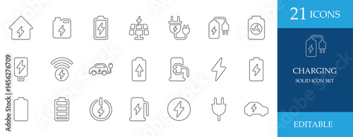 Charging icon set featuring battery, EV car, power plug, solar panel, fuel, and electricity symbols. Minimal, editable, black outline style, perfect for energy, electric, and tech designs