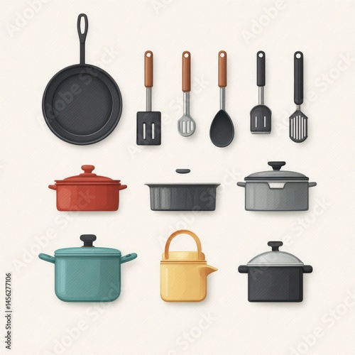 Colorful and Stylish Kitchen Utensils and Cookware Collection Featuring Pots, Pans, and Cooking Tools on a Light Background