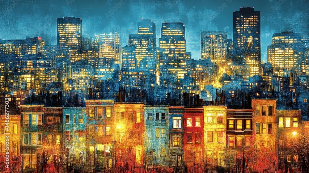Obraz premium Vibrant cityscape at twilight shimmering urban lights painting effect textured cityscapes residential district architecture