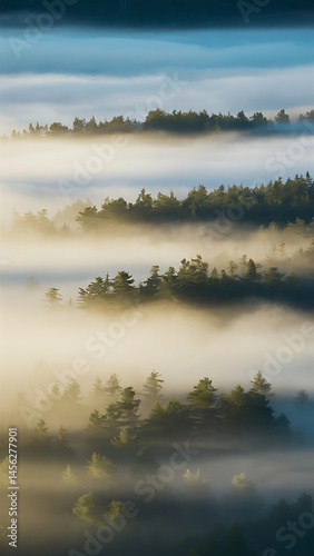 Misty forest layers, trees in the fog.