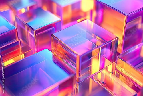 Abstract geometric shapes, vibrant translucent cubes interlock, forming a mesmerizing 3D structure of iridescent colors