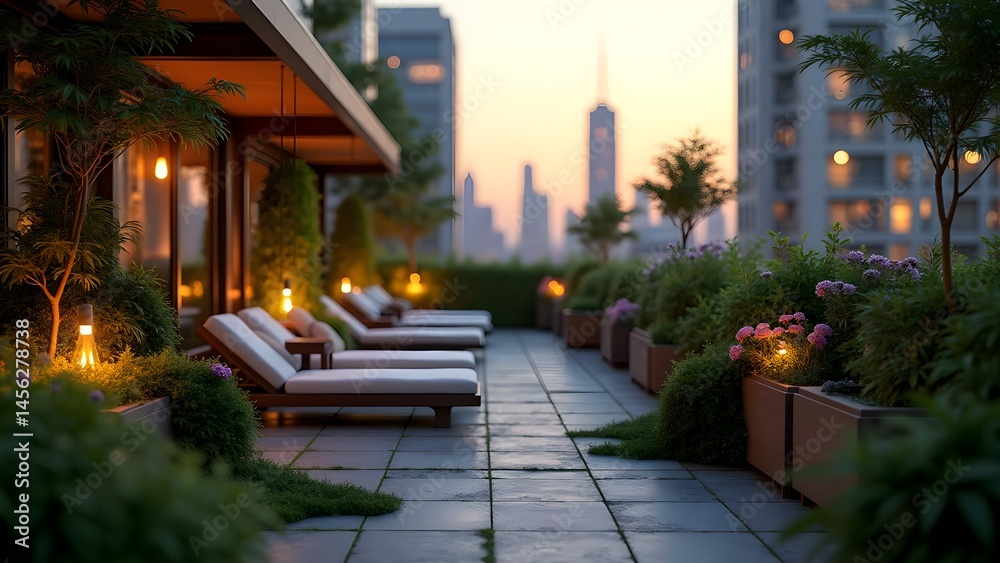 Obraz premium Stylish Rooftop Terrace with City Skyline View, Loungers, and Lush Greenery at Twilight, Offering an Urban Oasis