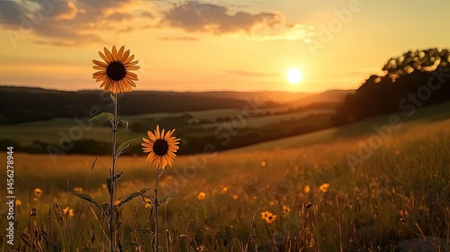 Sunflowers blooming in a field during a beautiful sunset evening