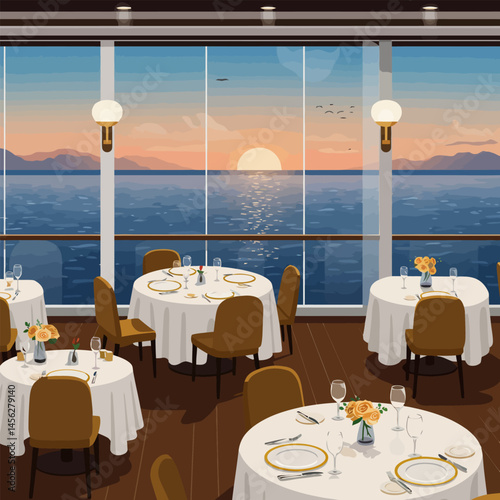 Dining Room with Ocean View at Sunset with Laid Tables