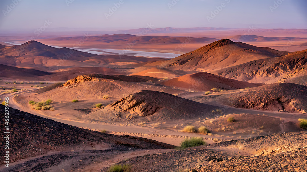 Fototapeta premium Vast desert landscape, varied colors, rolling hills.