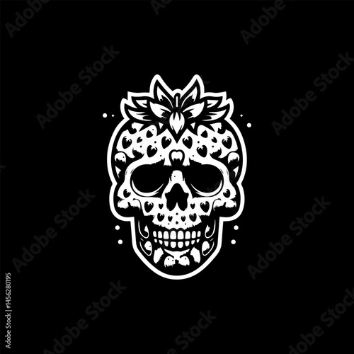 Intricate black and white sugar skull adorned with a stylized floral crown. Decorative art concept