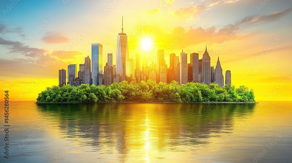 Fototapeta premium Sustainable cityscape on small green island reflects in calm water beneath sunset sky symbolizing eco urban planning and harmony