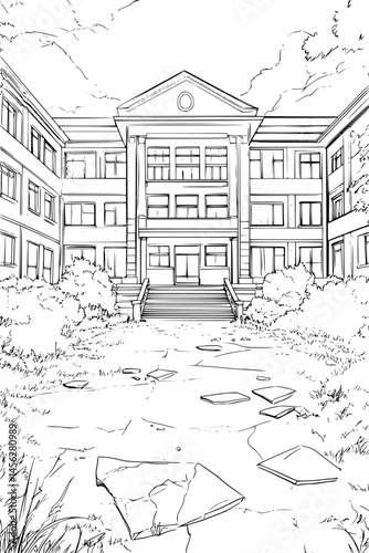 Abandoned Asylum With Broken Windows, coloring book style, vector design