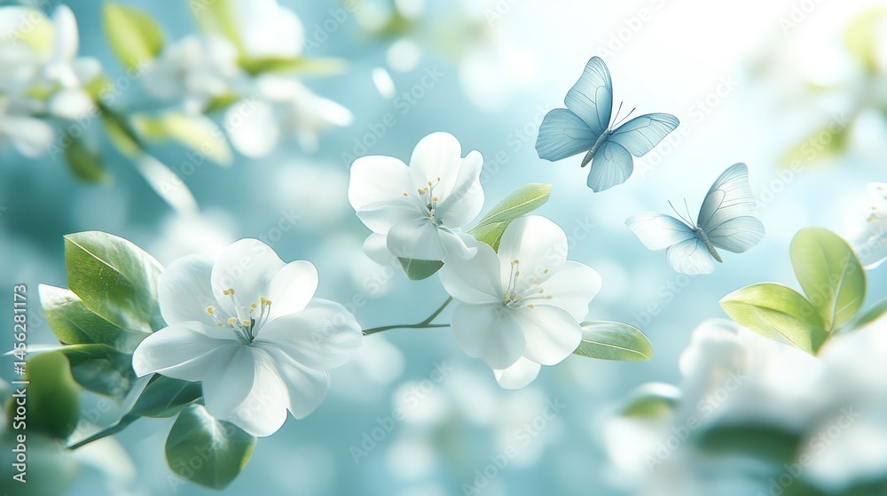 Obraz premium Delicate white blossoms and light blue butterflies in soft spring light