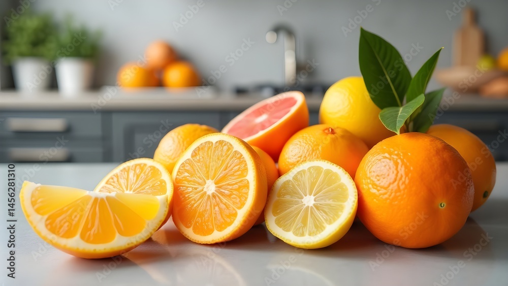Assortment of Fresh Citrus Fruits: Oranges, Lemons, Grapefruit on Kitchen Counter Assortment of Fresh Citrus Fruits: Oranges, Lemons, Grapefruit on Kitchen Counter