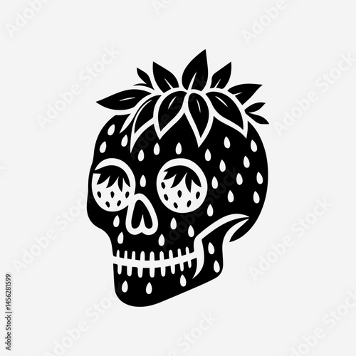 Ornate black and white illustration of a human skull textured with strawberry seeds and topped with stylized strawberry leaves. Macabre food concept