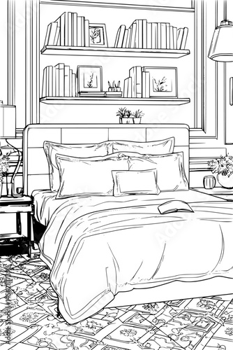 Bedroom With Patterned Quilt Cover, coloring book style, vector design