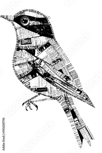 Bird Made Of Torn Magazine Text, coloring book style, vector design