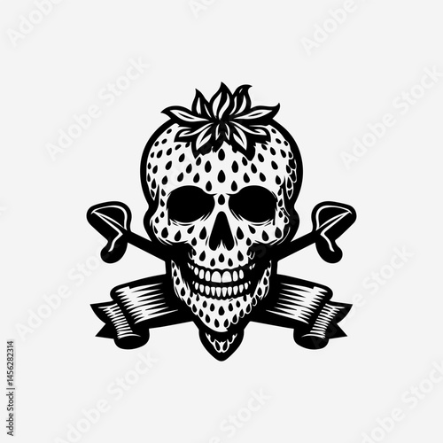 Detailed black and white skull illustration textured with strawberry seeds and decorated with stylized fruit leaves in surreal food concept  