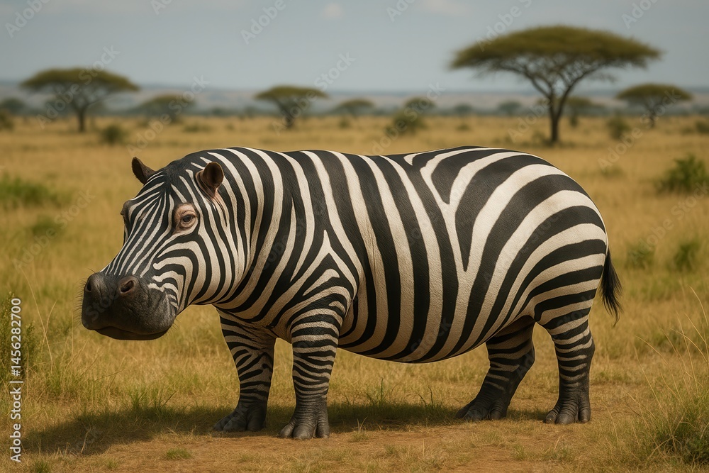 Hippopotamus with zebra stripes standing in the savanna