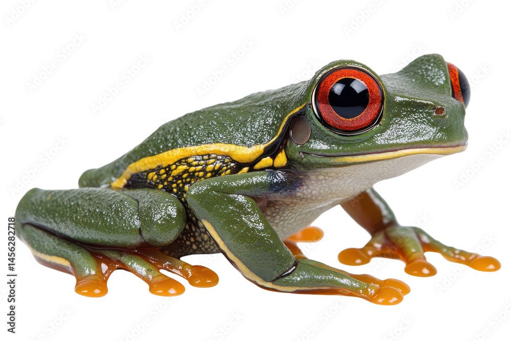 Obraz premium Vibrant Red-Eyed Tree Frog: Isolated Jungle Amphibian, Striking Pose, Vivid Green Skin, Captivating on transparent background