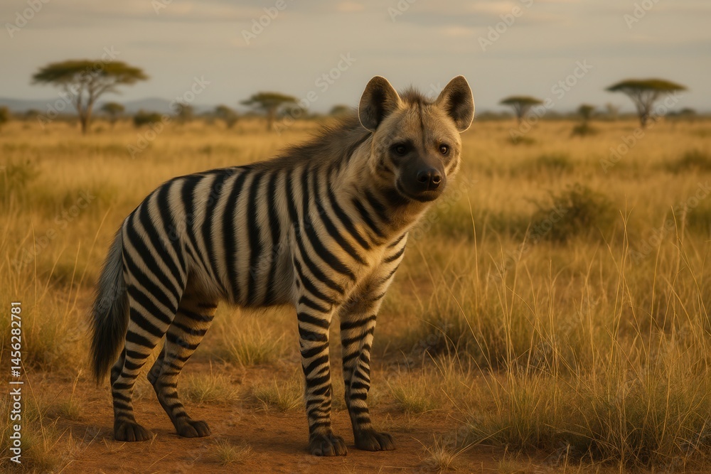 Striped hyena standing in the african savanna at sunset