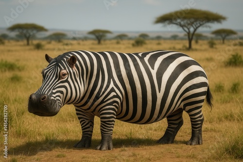 Obraz na płótnie Hippopotamus with zebra stripes standing in the savanna w salonie